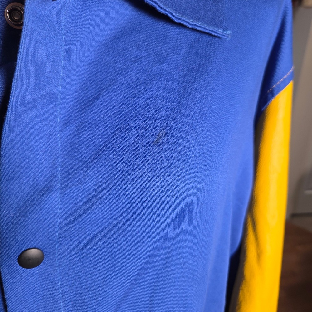 Vintage Y2K Tillman Jacket Blue Cotton Yellow Leather Sleeves Welding Shirt Mens - Picture 6 of 8